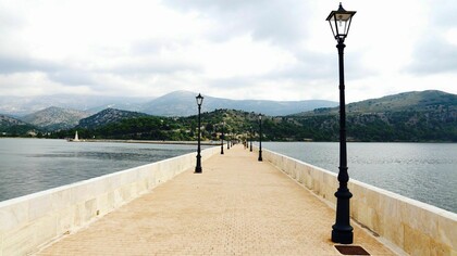 The World's longest stone cross-sea bridge, De Bosset Bridge in Argostoli, Kefalonia Greece