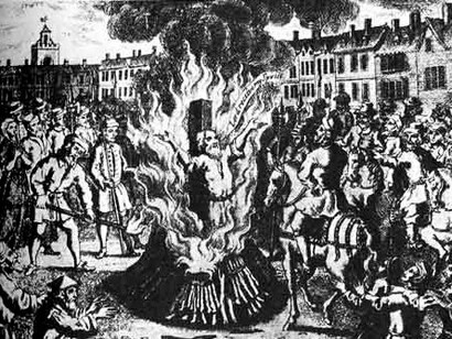 Queima de um homem após um veredito inquisitorial. Em Portugal, é conhecida a perseguição de que passaram a ser vítimas, a partir de 1497, os conversos (cristãos novos ou marranos) acusados de continuarem a praticar secretamente a sua religião