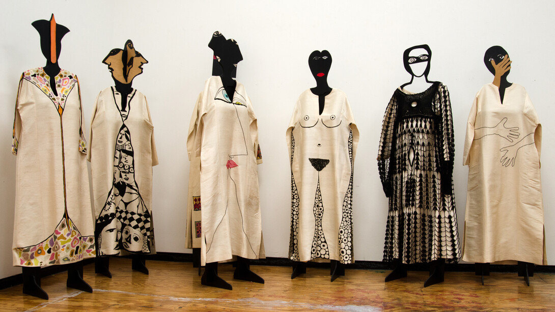 Huguette Caland, from L-R: The First, Foule, Tête-a-tête, Miroir, The Last, Tendresse, 1971 - 1975, 73 x 19 x 12 inches each, 185.5 x 48 x 30.5 cm each. Courtesy of the artist and Lombard Freid Gallery, NY