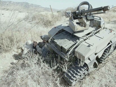 A military soldier leaning against an AI weapon