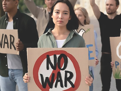 Youthful demonstrators joining forces in an anti-war protest, expressing a collective voice against conflict and standing up for peace