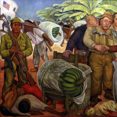 Diego Rivera, *Gloriosa Victoria*, 1954. La obra es una representación de la invasión que hizo Estados Unidos, a través de la United Fruit Company, dueña la gran industria bananera que imperaba en esa época en la “Repùblica Bananera” como se le llamaba a Guatemala y  varios países mas de la región a comienzos de la década de los cincuenta. El mural Gloriosa Victoria, como pieza central es una obra que escenifica la intervención de la CIA a Guatemala, a través del Movimiento de Liberación Nacional, que desencadenó la caída del Gobierno de Jacobo Arbenz