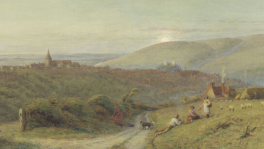 Alfred Fitzwalter Grace, Over Lewes, Evening 1898, Watercolour, The Towner Bequest (1920), Dimensions 60.1 x 110.5 cm