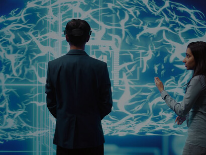 Couple interacting with an AI hologram, highlighting the ethical dimensions and emphasizing individuals' roles as proactive co-creators of their own reality