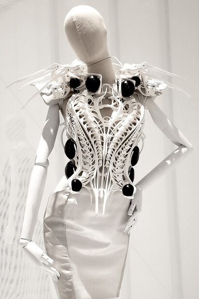 Anouk Wipprecht’s 2015 Spider Dress features 3D-printed components combined with leather, incorporating mechanisms that enable various parts of the dress to move