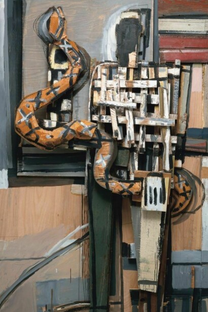 David Bates, Man with Snake, 1995, painted wood, 88 x 49 ¾ x 14 ½ inches, acquired in 1996. Collection of the Modern Art Museum of Fort Worth, Museum purchase, Sid W. Richardson Foundation Endowment Fund. Image copyright: Photo by Tom Jenkins