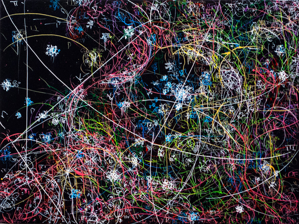 Kysa Johnson, blow up 260 - The long goodbye (hello, hello) - subatomic decay patterns and the star forming region RCW 49, 2015. High Gloss Paint and Ink on Panel, 14 x 16 in, KJ_138
