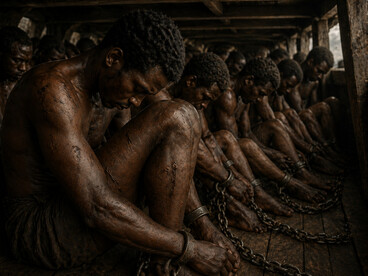 A close view of physical restraint and exhaustion, showing how brutality and control were enforced daily to sustain the system of slavery