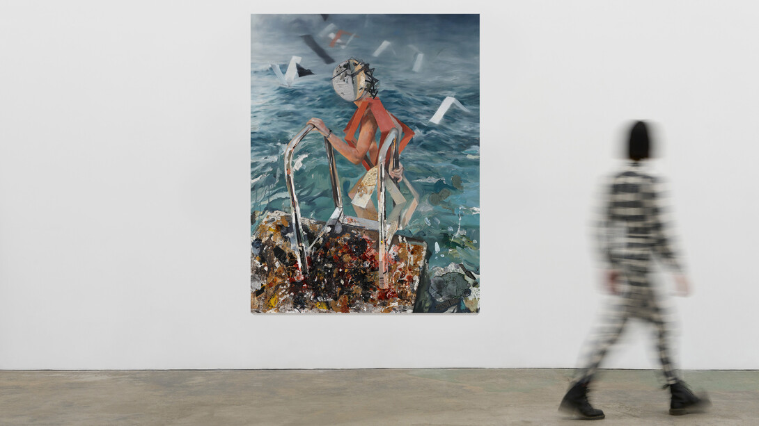 Daniel Pitín, The entrance into the see, 2023, mixed media on canvas, 66.93x51.18 inches, installation view. Courtesy the artist and Nicodim Gallery, NYC