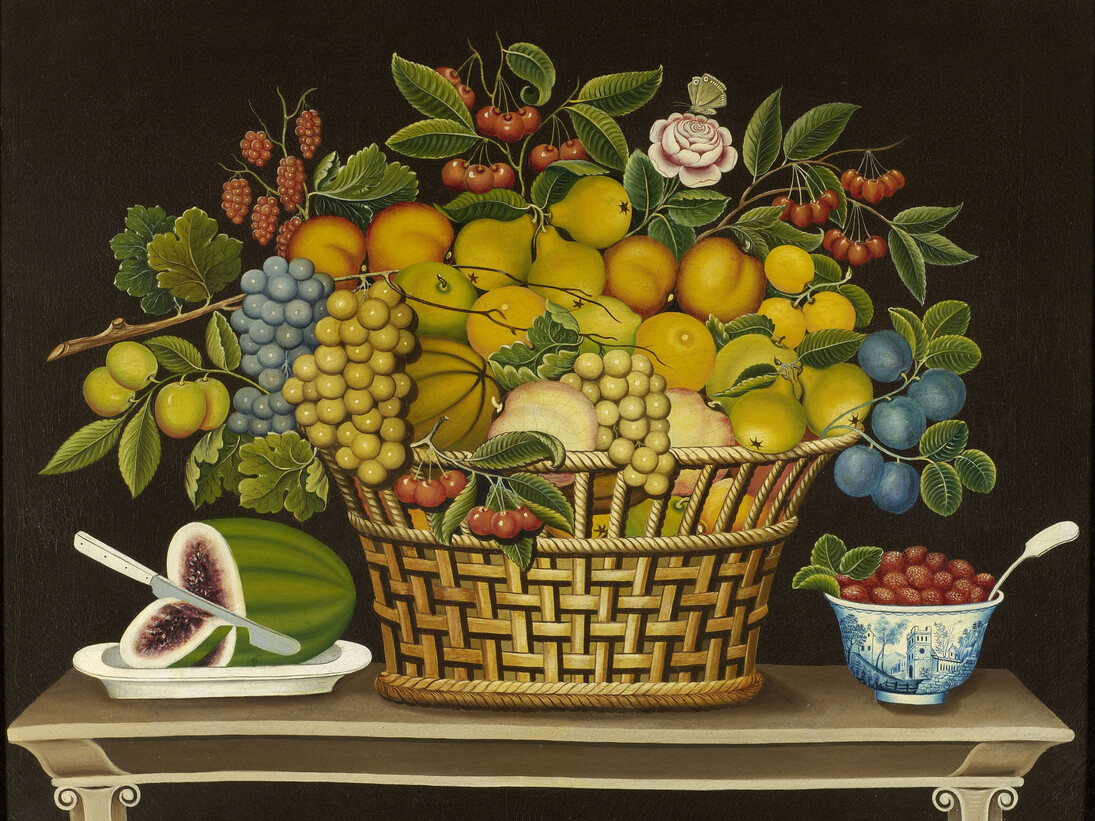 Still Life with Basket of Fruit, Artist unidentified, Probably New England, 1830–1850, Oil on canvas, 23 1/4 x 29 1/2". Photo courtesy of the Barbara L. Gordon Collection