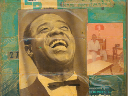 Louis Armstrong - Gems from Buenos, c. 1960, 7 ¼ x 7 ¼ inches. Reel-to-reel tape box collage containing photographs and Scotch tape. 
Image courtesy of the Louis Armstrong House Museum, Queens, New York
