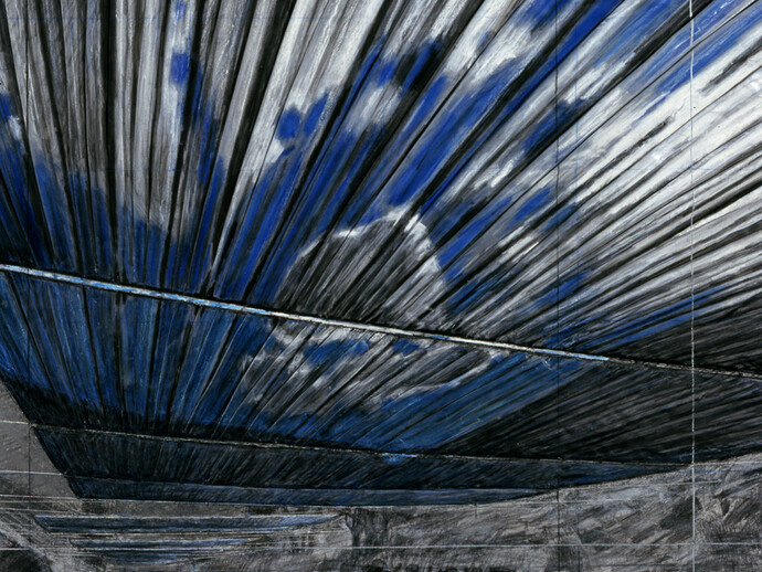 Over the River, 2008 (Project for the Arkansas River, State of Colorado) 
Pencil, fabric, twine, pastel, wax crayon, charcoal, enamel paint, aerial photograph with topographic elements and fabric sample 
97.2 x 77.5 cm, 38.27 x 30.51 inches 
Courtesy of Galerie Gmurzynska 
© CHRISTO. Detail

