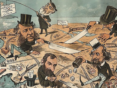 Monopoly Millionaires Dividing the Country. Depicted in the cartoon are William Henry Vanderbilt, Jay Gould, Cyrus West Field, Russell Sage