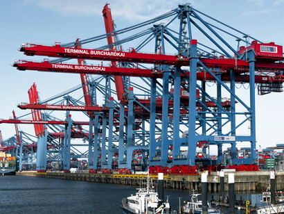 A panoramic view of container cranes at the Burchardkai Terminal in the Port of Hamburg, Hamburg, Germany