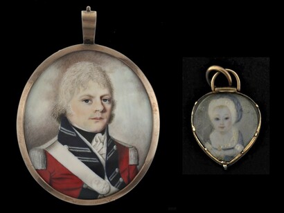 Miniature portraits of Officer James Cuthbert and his child. Medallion, about 1797-1798, charm about 1815-1820. Gift of Dr. Wendy C. Weaver, M2009.31.5.1-2 © McCord Museum