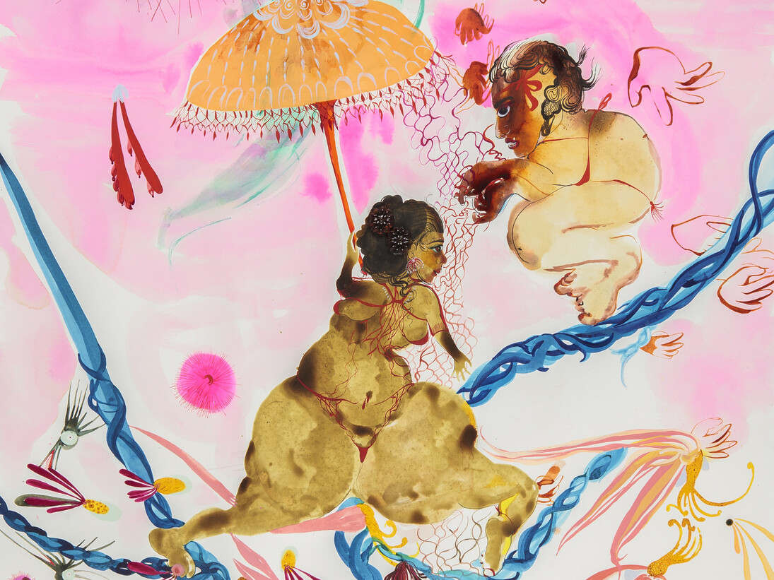 Rina Banerjee, In abstinance, in resistance like vegetarianism viewing truth to replace food, replace shame, the indecency of craving to belt desire she turned loose grew to tire and skip to her circus hour dangled on tight rope of blue wire so she was inspired, 2014, Acrylique sur papier, aquarelle Arches, 76,2 x 55,9 cm, Courtesy de l’artiste et Galerie Nathalie Obadia, Paris/Bruxelles