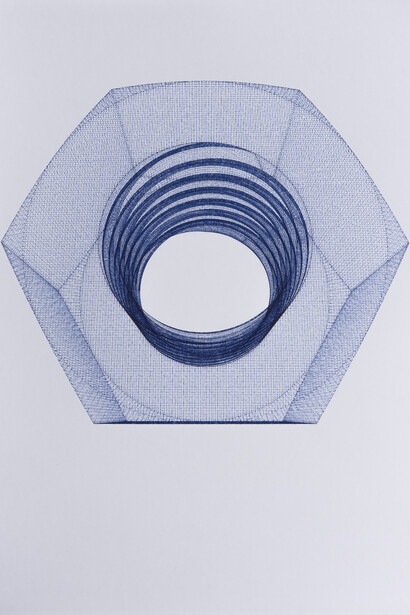 Michael DeLucia, Nut (monumental), 2014, Plotted drawing, ink on paper, 67,6 x 52,6 x 3 cm encadré (26 5/8 x 20 3/4 x 1 1/8 in.) framed, Courtesy Michael DeLucia & Galerie Nathalie Obadia Paris / Brussels © We Document Art
