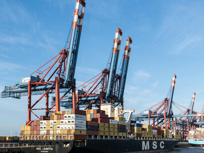 A wide panoramic view of container cranes operating at Terminal Burchardkai in the Port of Hamburg, Hamburg, Germany