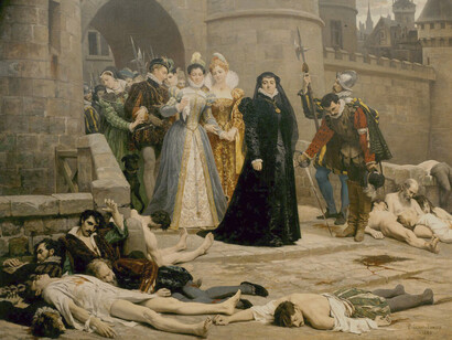 Edouard Debat-Ponsan, 1880, Una mañana en las puertas del Louvre. Catalina de Médicis sale del Louvre a la mañana siguiente para observar el resultado de la masacre. Museo de Arte Roger-Quilliot, Clermont Ferrand
