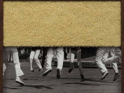 Elad Lassry, Untitled (Folk Dance), 2015. Silver gelatin print, carpet, walnut frame, 11 1/2 x 14 1/2 x 1 1/2 inches