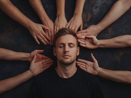 A man lies down in a relaxed posture, symbolizing emotional healing and quiet self-reflection