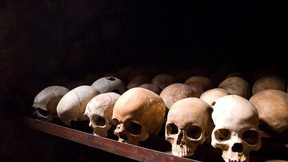 Skulls displayed at the Nyamata Genocide Memorial Site in Nyamata, Rwanda
