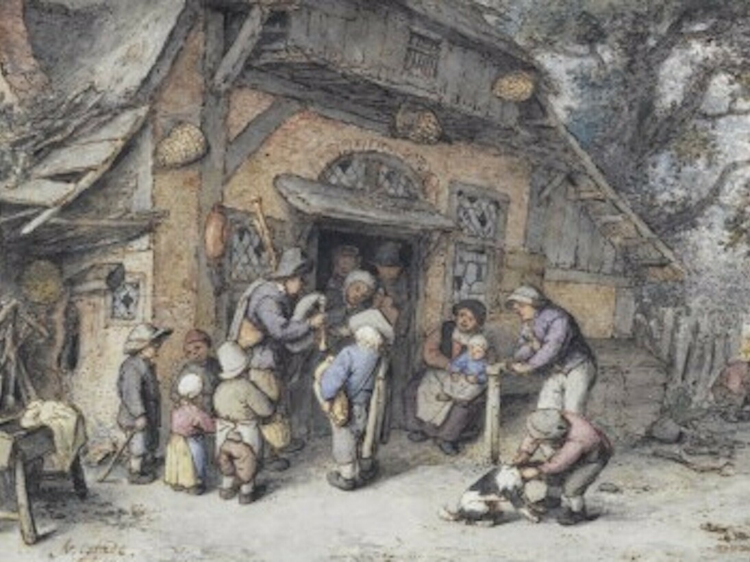 Adriaen van Ostade, Joueur de cornemuse devant une auberge . Plume et encre brune, aquarelle. 12,2 x 19,7 cm. Paris, Petit Palais, Musée des Beaux-Arts de la Ville de Paris © Petit Palais / Roger-Viollet