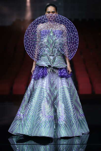 Model in blue dress for Couture week 2022, New Delhi, India