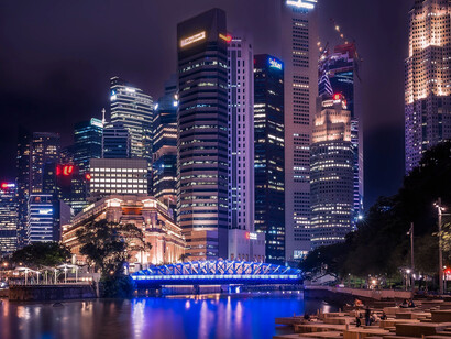 Singapore at night, showcasing the city’s tall buildings