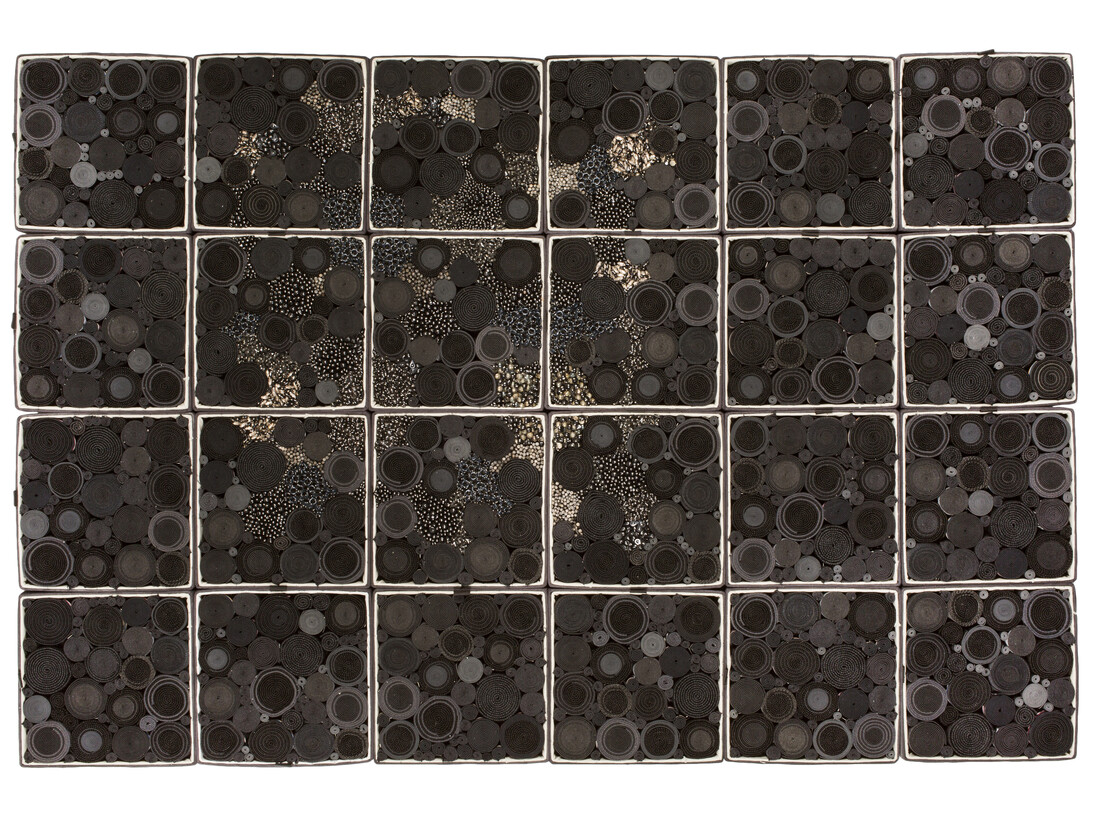 Steven and William Ladd, Do This in Remembrance of Me, 2013, Archival board, fiber, glass, crystal, plastic, gemstone, metal, Landscape: 41 3/8 x 61 1/8 x 3 inches, Tower: 58 7/8 x 10 1/4 x 10 1/4 inches. Collection of Steven and William Ladd, New York
