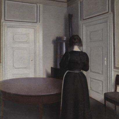 Vilhelm Hammershøi. Madeline Knox con un perro boxer. Principios de 1900