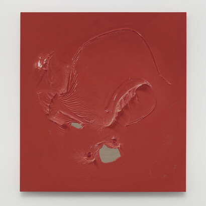 Paul Sietsema, Red painting, 2014, Enamel on linen, 50 1/8 x 46 3/8 inches. ©Paul Sietsema, Courtesy Matthew Marks Gallery