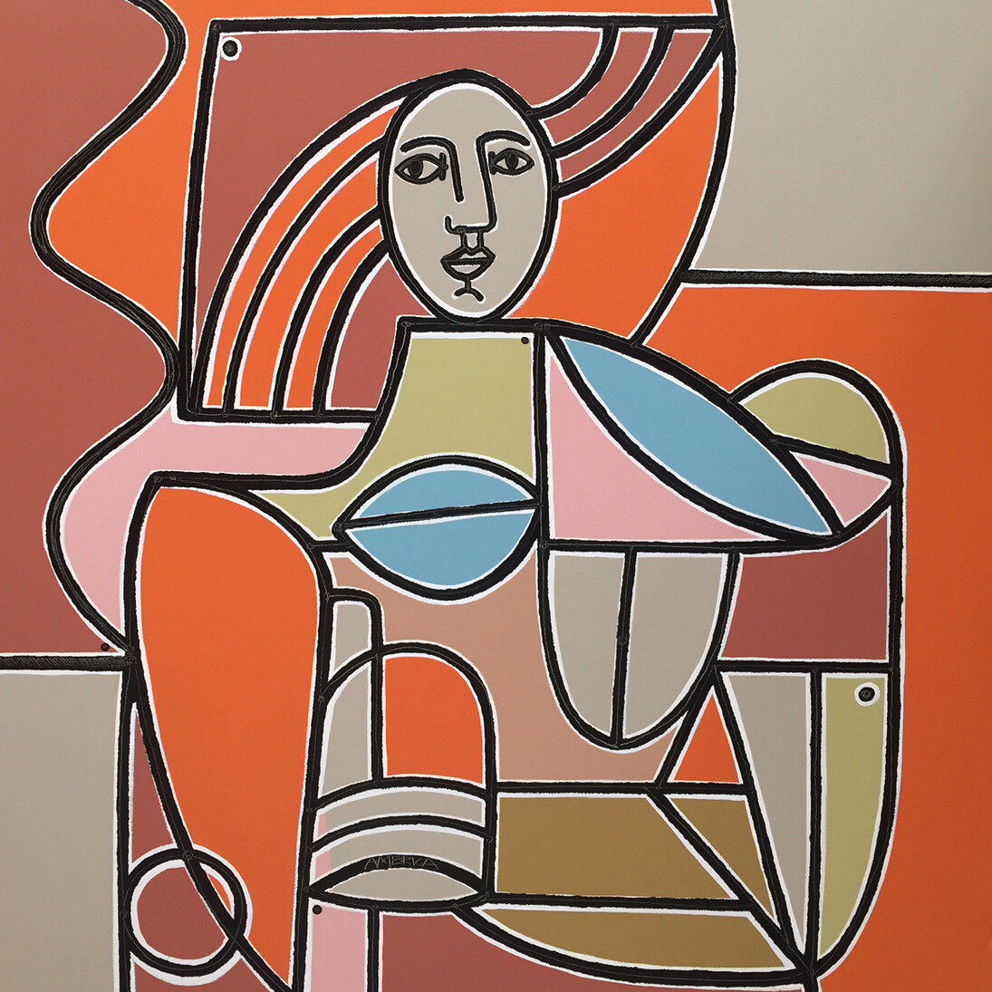 America Martin, Woman in Orange & Tan, Oil & Acrylic on Canvas, 54 × 51 in, 137.2 × 129.5 cm. Courtesy of Joanne Artman Gallery