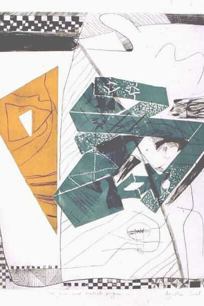 Agathe Sorel, The Wise and Foolish Virgin, 1966. Line engraving, aquatint, hammered brass, photogravure & plastic engraving, printed in black, blue & yellow, 780 x 600 mm