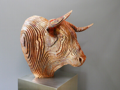 'El Toro II' 162cm x 60cm x 60cm (inc 1m base). copper on stainless steel