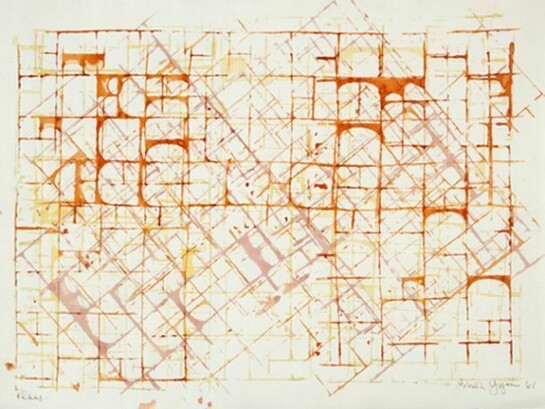 Brion Gysin, Plan N° 55, 1961, ink & gouache on paper, 13 5/8 x 18 7/8 inches (34.6 x 47.9 cm), signed, titled & dated on recto