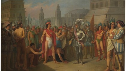 Prisión de Guatimocín, último emperador de los mejicanos, por las tropas de Hernán Cortés, y su presentación a este en la plaza de Méjico (1854), Carlos María Esquivel y Rivas
