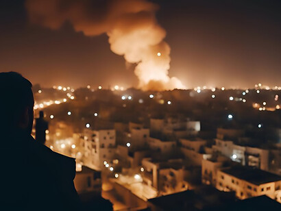 A man gazing over a city skyline from a rooftop at night juxtaposed against the backdrop of a city ablaze from bomb attacks