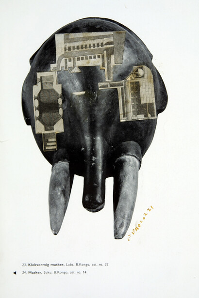 Klokvormig Masker, 1946-47, Collage on paper
25x19cm. Courtesy Flowers Gallery, London
© Trustees of the Paolozzi Foundation, licensed by DACS