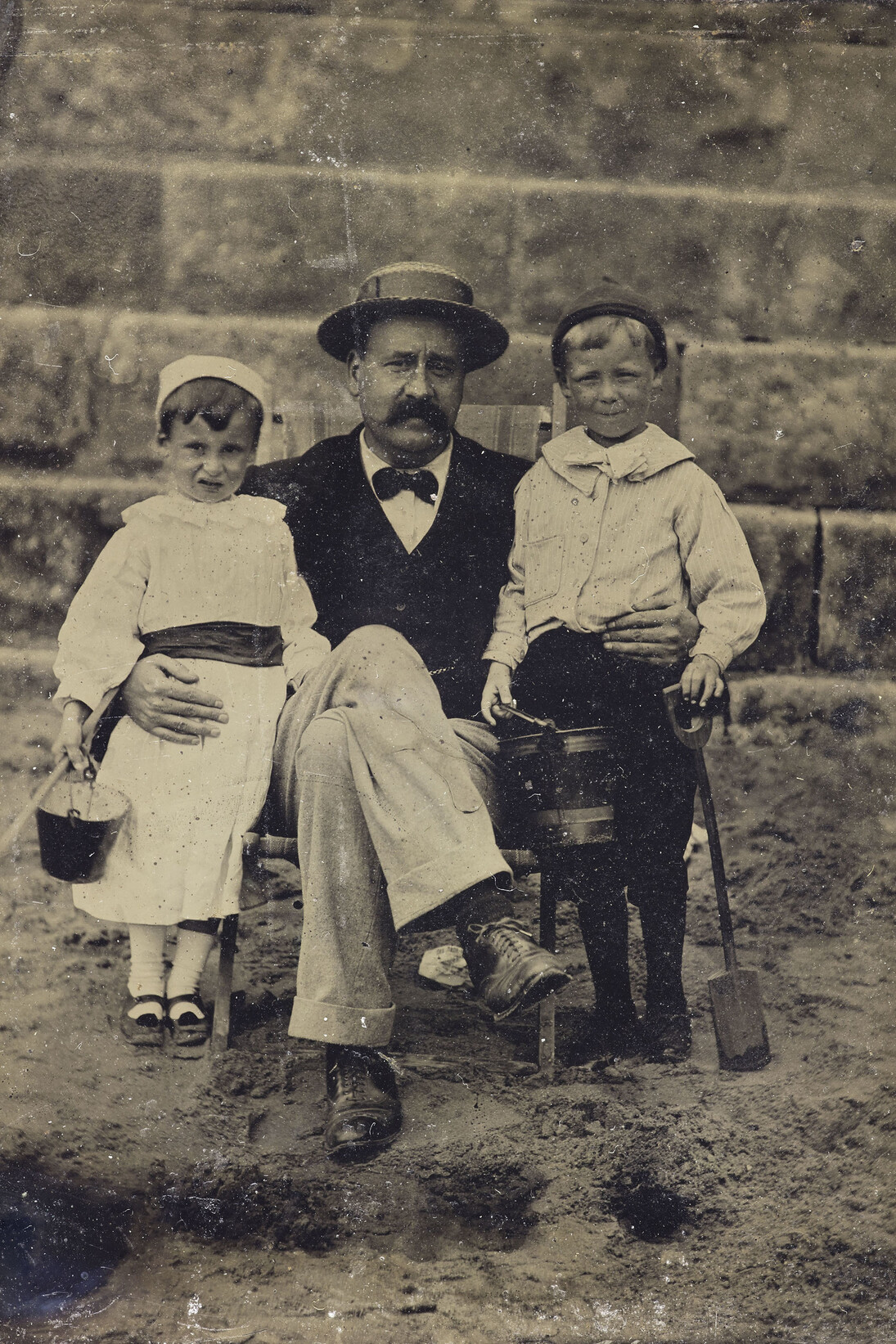 Family group on the beach at Margate: father and two children, c.1875, tintype © Howarth-Loomes Collection at National Museums Scotland [NB same family as earlier, so this one is a few years earlier; we’ve identified the beach as Margate from another of the group]