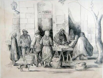 François Krige, Market, Spain,1935, Unique Works on Paper, ink, pencil, framed, 24 x 31 cm