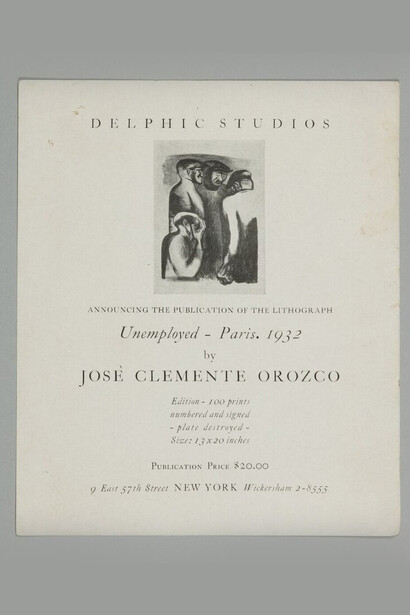 Invitación a exposición de José Clemente Orozco en la galería Delphic Studios, 1932. Fotografía: © Agustín Garza.  Reproducción Autorizada por el Instituto Nacional de Antropología e Historia. SECRETARÍA DE CULTURA. -INAH. -MEX