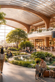 A contemporary airport terminal where architecture, daylight, and greenery come together to create a calm, intuitive, and human-centered travel environment