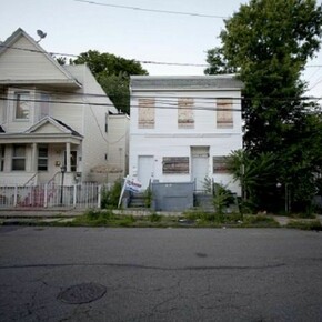 Street view of residences in Orange, New Jersey (by MOS Architects and team, assigned to The Oranges). Photograph courtesy of MOS Architects.