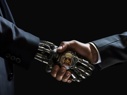 Ai robot hand shaking human hand