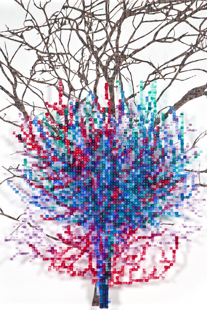 Charles Gaines, Numbers and Trees, Matilda, #4, 1986, Acrylic sheet, acrylic paint, watercolor, silkscreen, photograph, 59 × 49 × 5 ¾ in. Courtesy of Fresno Art Museum, Fresno, California