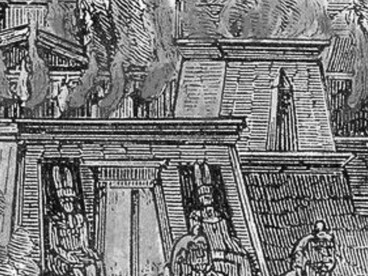 «El incendio de la Biblioteca de Alejandría», por Hermann Göll (1876). La pérdida de los fondos bibliotecarios de la ciudad simboliza la decadencia del pensamiento y la ciencia antigua frente al auge del fanatismo religioso, tensiones que definirían la Alejandría en la que vivió y enseñó Hipatia