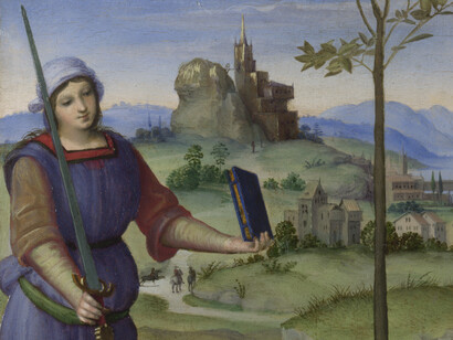 Raffaello Sanzio, Il sogno del cavaliere, 1503-1504 ca, National Gallery, Londra, particolare
