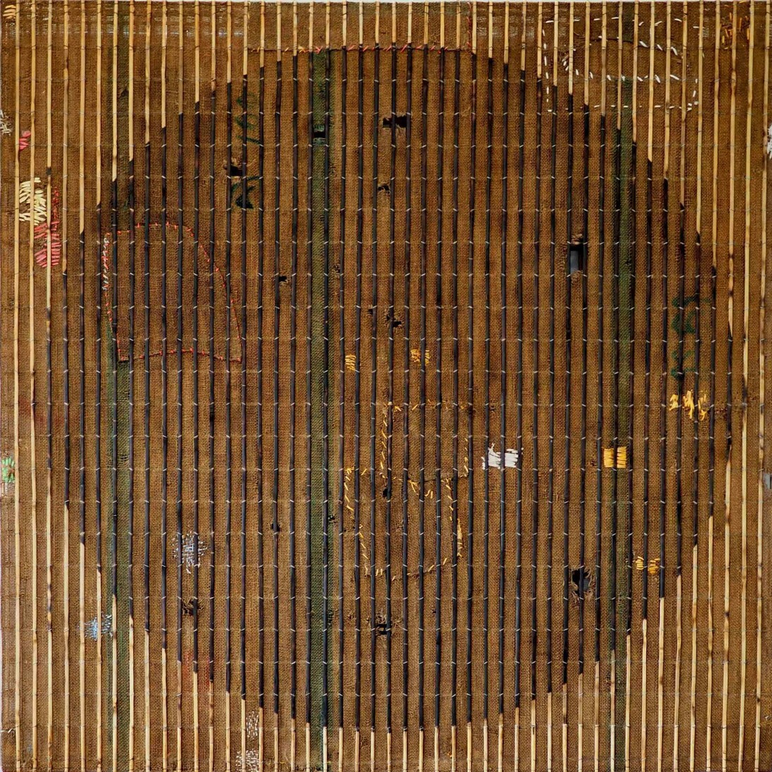 Sopheap Pich, Green Stripes in Dark Circle. Bamboo, rattan, metal wire, burlap plastics, 200 x 200 x 10cm, 2014. Courtesy of the artist and Tyler Rollins Fine Art