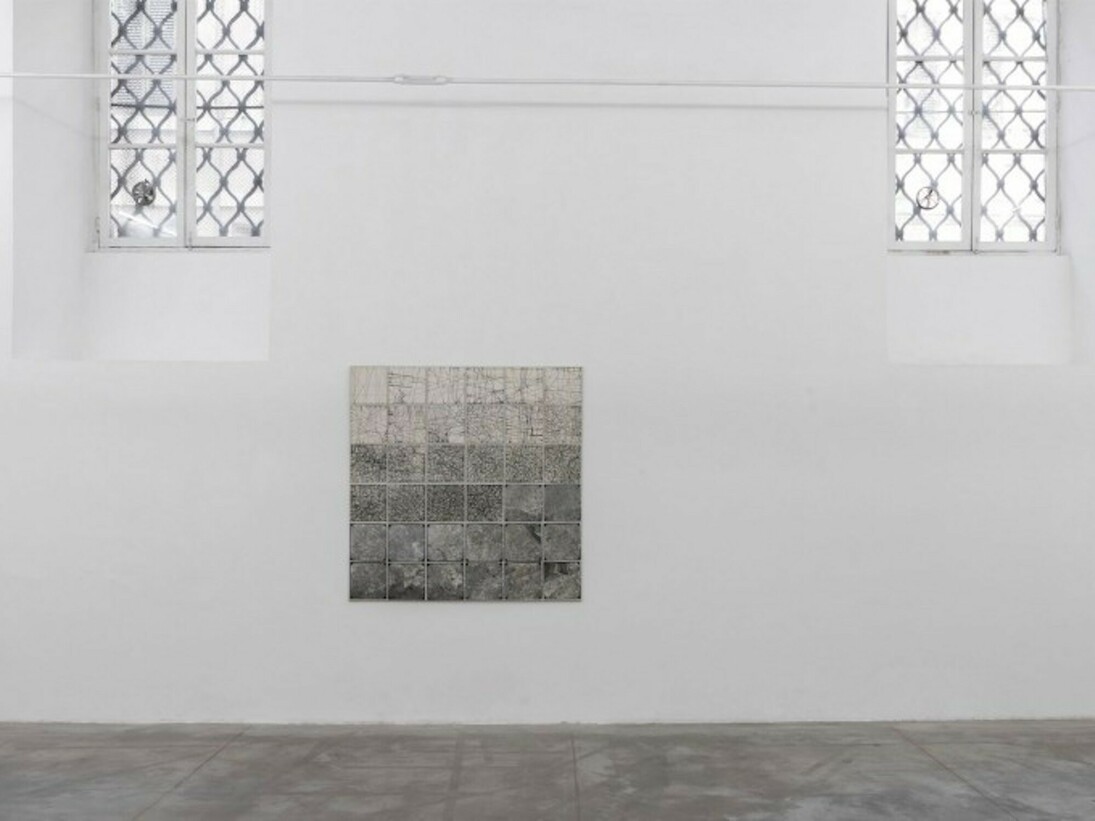 Elisa Montessori, Tropismi, 1977, collage on white gauze and cardboard, installation view at Monitor, Rome. Courtesy of Monitor